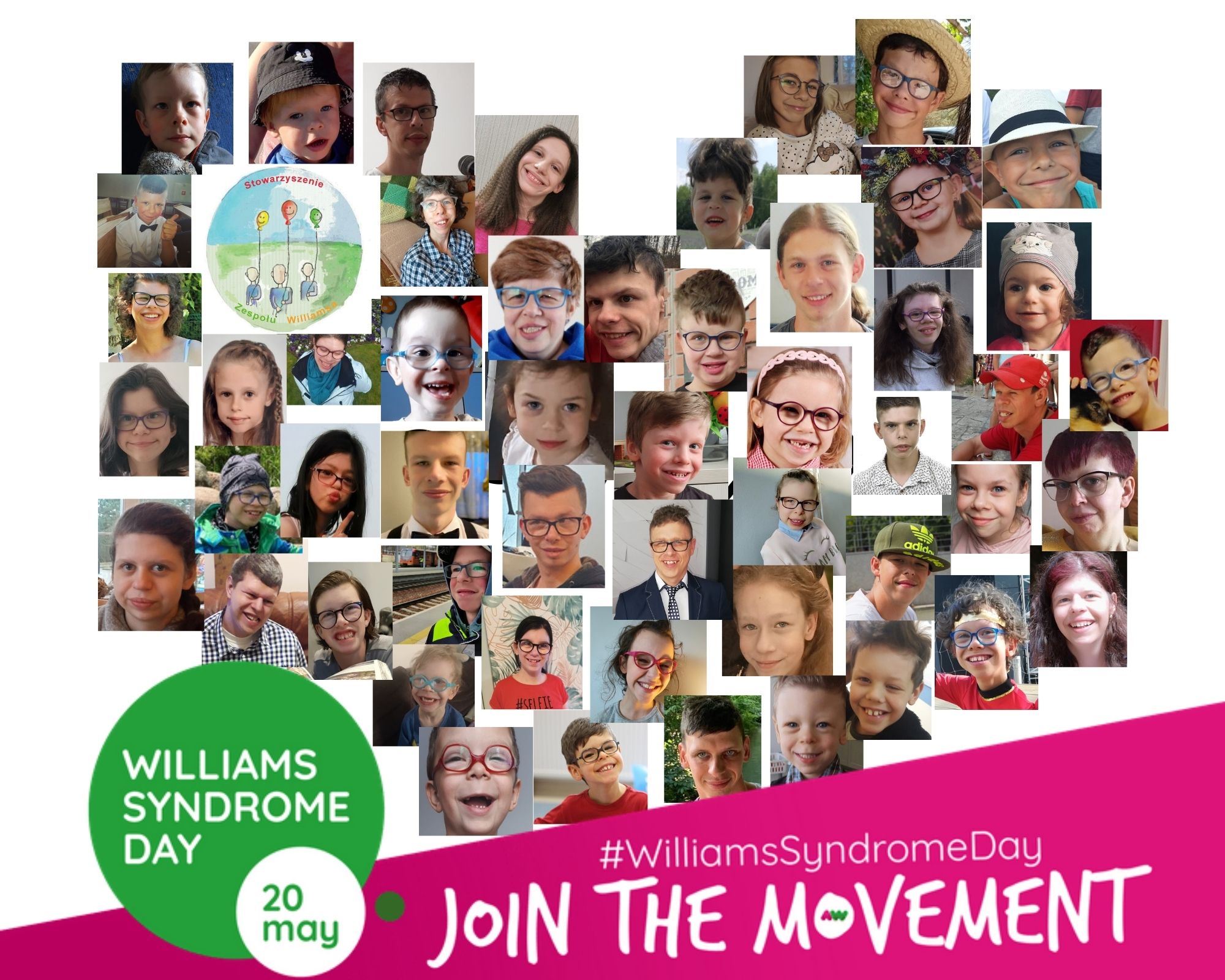 Kolaż zdjęć osób z Zespołem Williamsa z okazji dnia Zespołu Williamsa - 20 maja 2021.